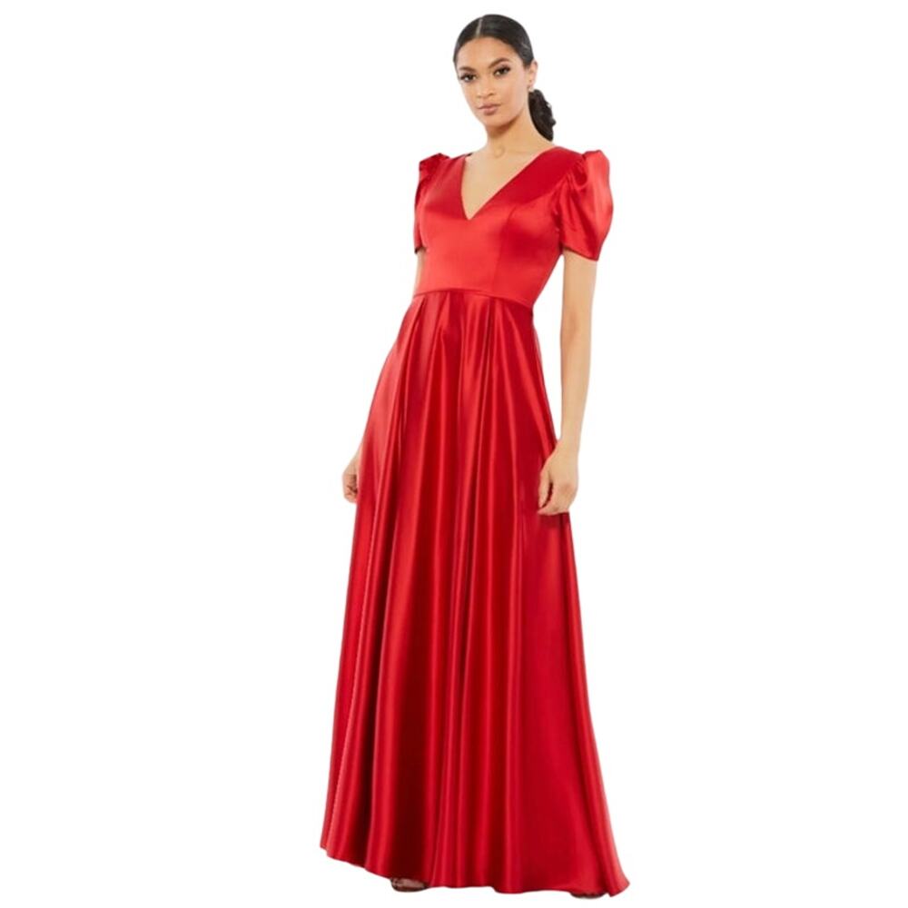 MAC DUGGAL Dress Size 0 Evening Gown Red NEW Puff Sleeve V-Neck Satin - Picture 1 of 7